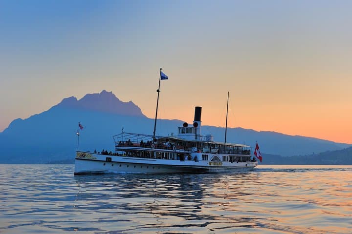 Boat on Lake Lucerne with Mount Pilatus