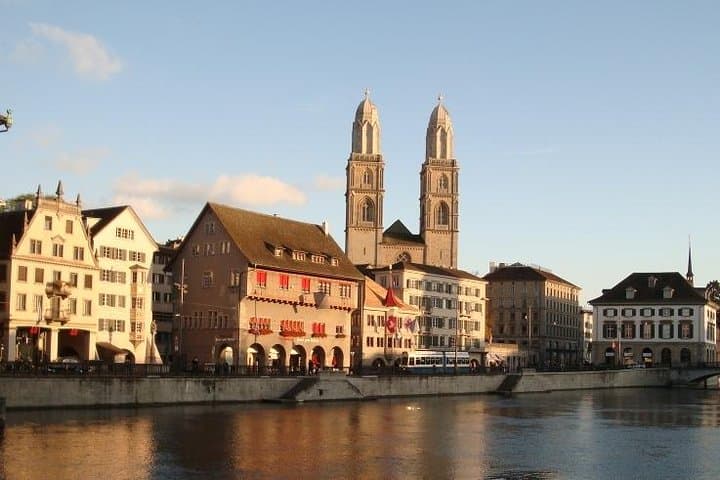 Zurich historical Limmatquai with Grossmünster