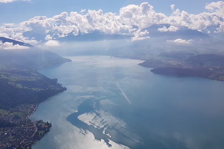 The view over Lake Thun to Interlaken and the high mountains