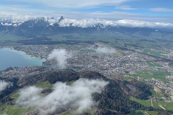 The city of Thun with its conclusion and the river Aare, which flows from Lake Thun.