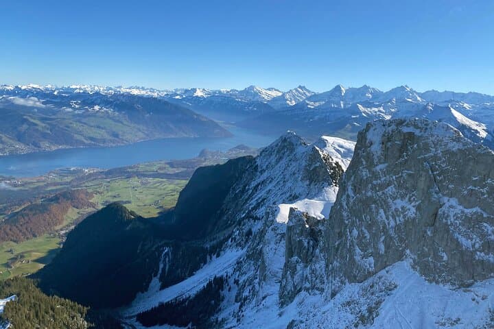 Flying to the Stockhorn mountain with a great view on the Swiss Alps in the back ground