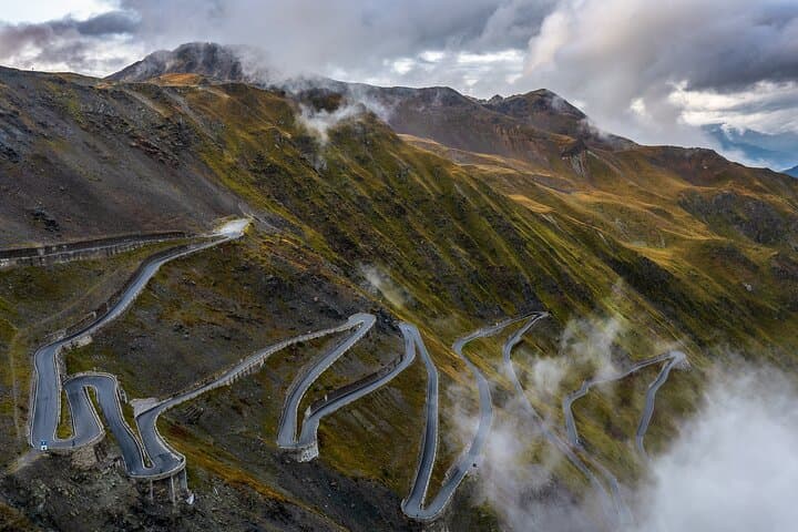 Panorama of Stelvio Pass in Italy seen from summit restaurant