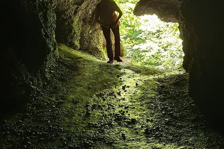 The cave is located a few meters above the path, but is easily accessible.