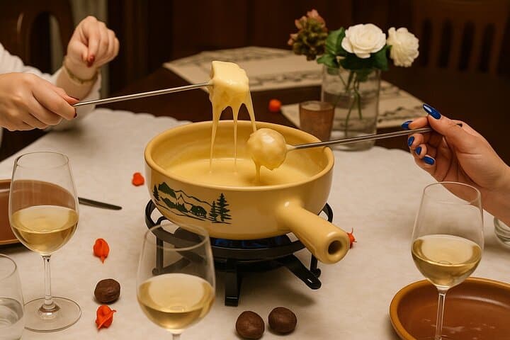 Traditional Swiss Dinner: Cheese Fondue, Appetizers and Dessert