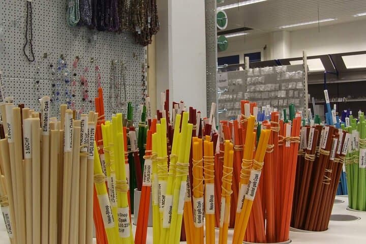Colorful glass rods are used to make the glass beads.